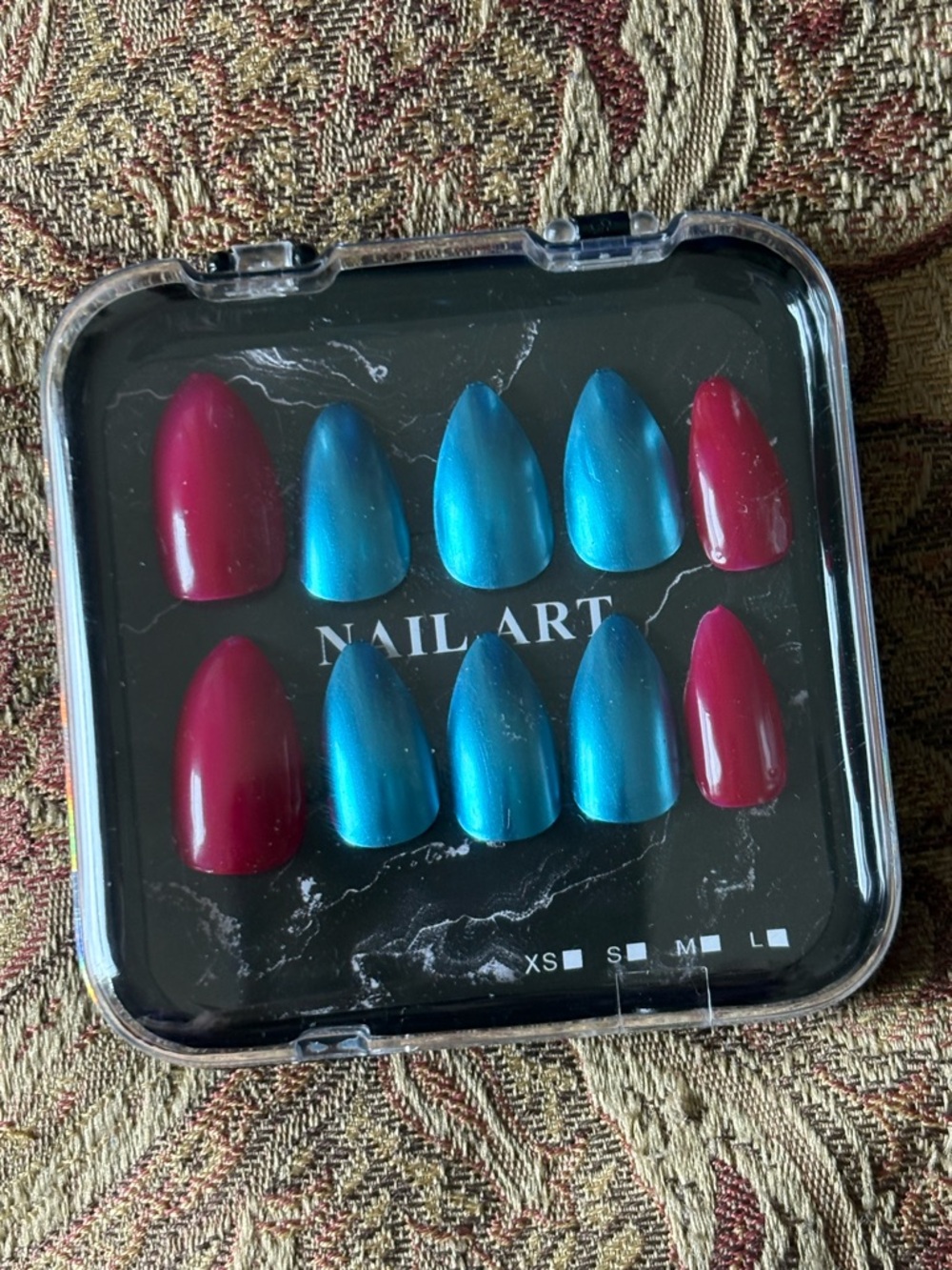 Press-On Nail Set - Teal Blue & Wine Red
